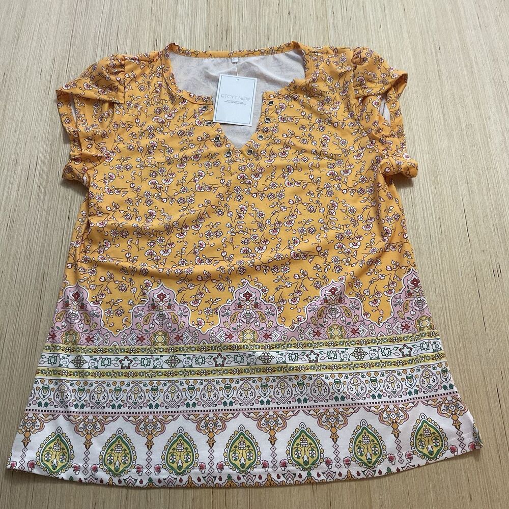 Etcyy Yellow Floral Boho Large short sleeve New